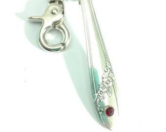 Queen Bess Silverware Key Chain with Garnet Red Crystal, Recycled Silverware, January Birthstone Key Fob, Red Crystal Silverplated Key Chain