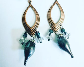 Antiqued Copper and Lampwork Earrings in Gunmetal Gray Metallic Glass, Artisan Earrings, Statement Metallic Gray Glass Finish