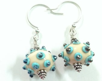 Turquoise, Gunmetal Gray and Almond Lampwork Earrings, Artisan Glass Bead Earrings, Cream and Aqua Dot Earrings, 925 Silver Earrings