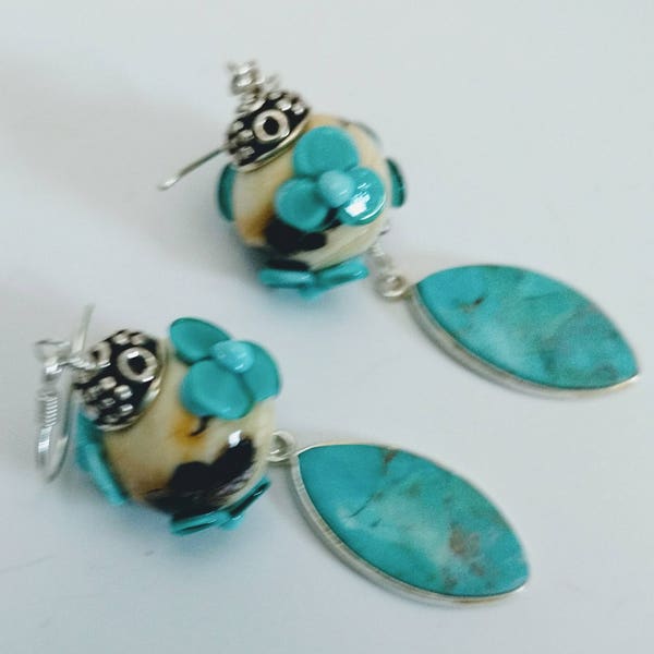 Turquoise and Floral Lampwork Earrings, Sterling Silver and Artisan Bead earrings, Blue Earrings, gemstone and Glass Earrings, Handmade Bead