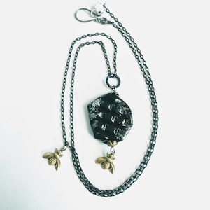 Black Honeycomb and Bees Necklace, Lampwork Glass Honeycomb Pendant, Handmade Glass Honey Bee Necklace, Long Black Cable Chain Necklace