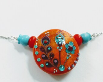 Lampwork Glass Bead Necklace, Bright Folk Art Orange and Aqua, Lampwork Focal Bead, Artisan Glass Bead Pendant, Glass Necklace, Boho Pendant