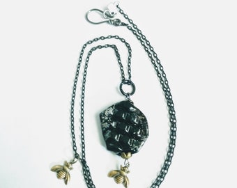 Black Honeycomb and Bees Necklace, Lampwork Glass Honeycomb Pendant, Handmade Glass Honey Bee Necklace, Long Black Cable Chain Necklace