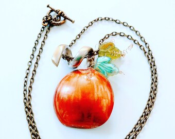 Small Spoon Pumpkin Pendant, Recycled Silverplate Spoon Pumpkin Pendant with Fire Polished Leaf Beads and Green Wirewrapping, Fall Necklace