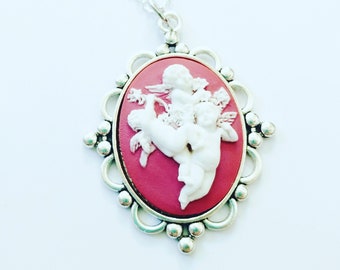 Rose Cherub Cameo Pendant, Victorian Three Angels Necklace, Pink and Cream Resin Pendant with Silver Chain