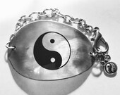 Rustic Yin Yang Spoon and Charms Bracelet on Chunky Chain, Yin Yang Symbol, Upcycled Silverware Jewelry, Stainless Steel Bracelet, Size 7.5