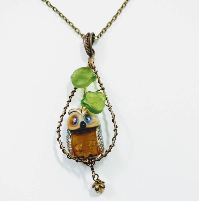 Nature Necklace Glass Owl Necklace Neutral Long Antique Bronze Necklace Wire Wrapped Lampwork Owl Bead Necklace Artisan Bead Necklace