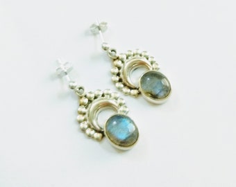 Labradorite and Sterling Silver Dangle Earrings, Gemstone and Silver Earrings, Labradorite Pierced Earrings, Labradorite Jewelry, 925 Posts