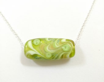 Lime Green Lampwork Bead Necklace, Green Swirl Bar Necklace, Glass Bead on Sterling Silver 925 Chain, Green Necklace, Green Jewelry