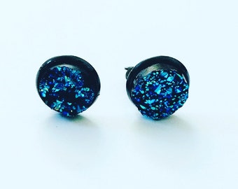 Electric Blue Druzy Clip On Earrings, Black Metal Button Style Clip-on Earrings, Blue Druzy Earrings, Small Druzy Earrings, Galaxy Earrings