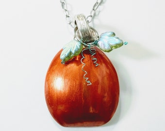 Painted Orange Spoon Pumpkin Pendant, Recycled Spoon Pumpkin Pendant with Fire Polished Leaf Beads and Green Wirewrapping, Fall Necklace