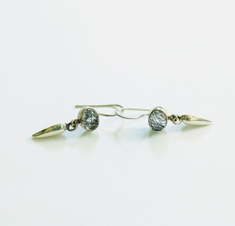 Clear and Black Quartz Earrings Tourmalinated Quartz and Sterling Silver Dagger Drop Earrings Gemstone and 925 Silver Dangle Earrings
