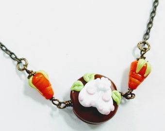 Lampwork Glass Down the Rabbit Hole Necklace, Bunny and Carrots Glass Beads, Easter Necklace, Spring Rabbit Necklace, Handmade Bunny Bead