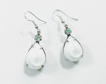 Vintage White Pressed Glass with Clear Crystals and Sterling Silver Earrings Wedding or Special Event Jewelry