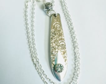 Vintage Silverware Handle Pendant with Clear Glass Crystal Accent, Silverware Pendant, Spoon Necklace, Rose and Leaf Pattern Necklace