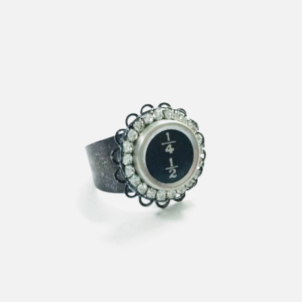 Typewriter Key Ring with Fraction Symbols, Vintage Black Typewriter Key with Crystal Cupchain Trim, Adjustable Gunmetal Ring with Bling
