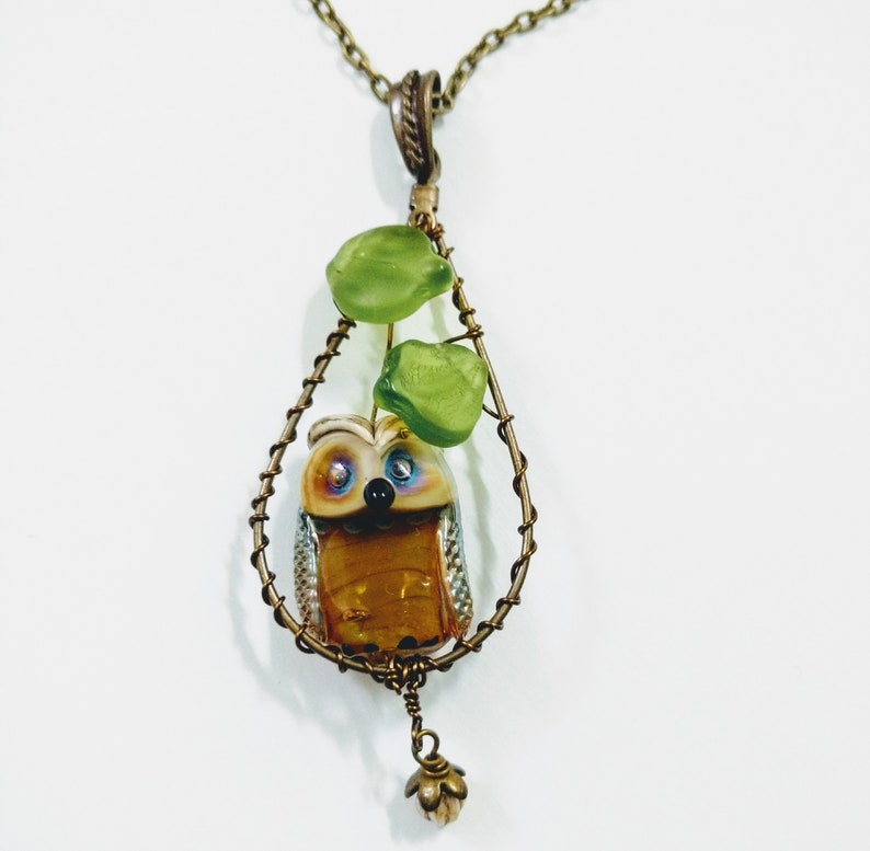 Nature Necklace Glass Owl Necklace Neutral Long Antique Bronze Necklace Wire Wrapped Lampwork Owl Bead Necklace Artisan Bead Necklace