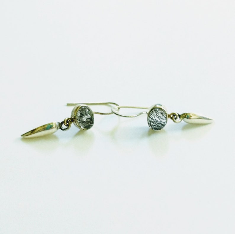 Clear and Black Quartz Earrings Tourmalinated Quartz and Sterling Silver Dagger Drop Earrings Gemstone and 925 Silver Dangle Earrings