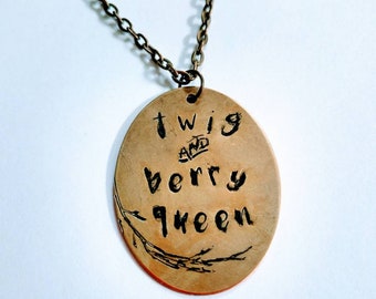 Hand Stamped Humorous Mother Pendant, Twig and Berry Queen, Antique Bronze Mom of Boys Necklace, Funny Necklace for Mom
