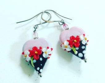 Lampwork Pink Glass Heart Bead with Polka Dots and Flowers and Gunmetal Gray Ear Wires, Heart Earrings, Flowers and Dots, Artisan Beads