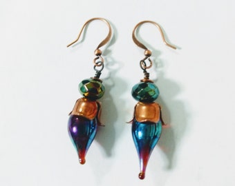 Antiqued Copper and Lampwork Earrings in Red, Plum, and Blue Flash Glass, Artisan Earrings, Statement Silvered Glass Oil Slick Finish