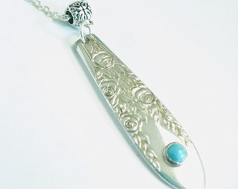 Vintage Silverware Handle Pendant with Turquoise Blue Accent, Silverware Pendant, Spoon Necklace, Rose and Leaf Pattern Necklace