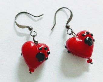 Lampwork Red Glass Heart Bead Earrings with Black Paw Prints and Gunmetal Gray Ear Wires, Dog Mom, Cat Mom, Pet Mom Jewelry, Artisan Beads
