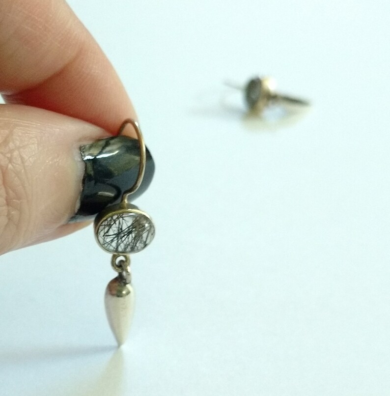 Clear and Black Quartz Earrings Tourmalinated Quartz and Sterling Silver Dagger Drop Earrings Gemstone and 925 Silver Dangle Earrings