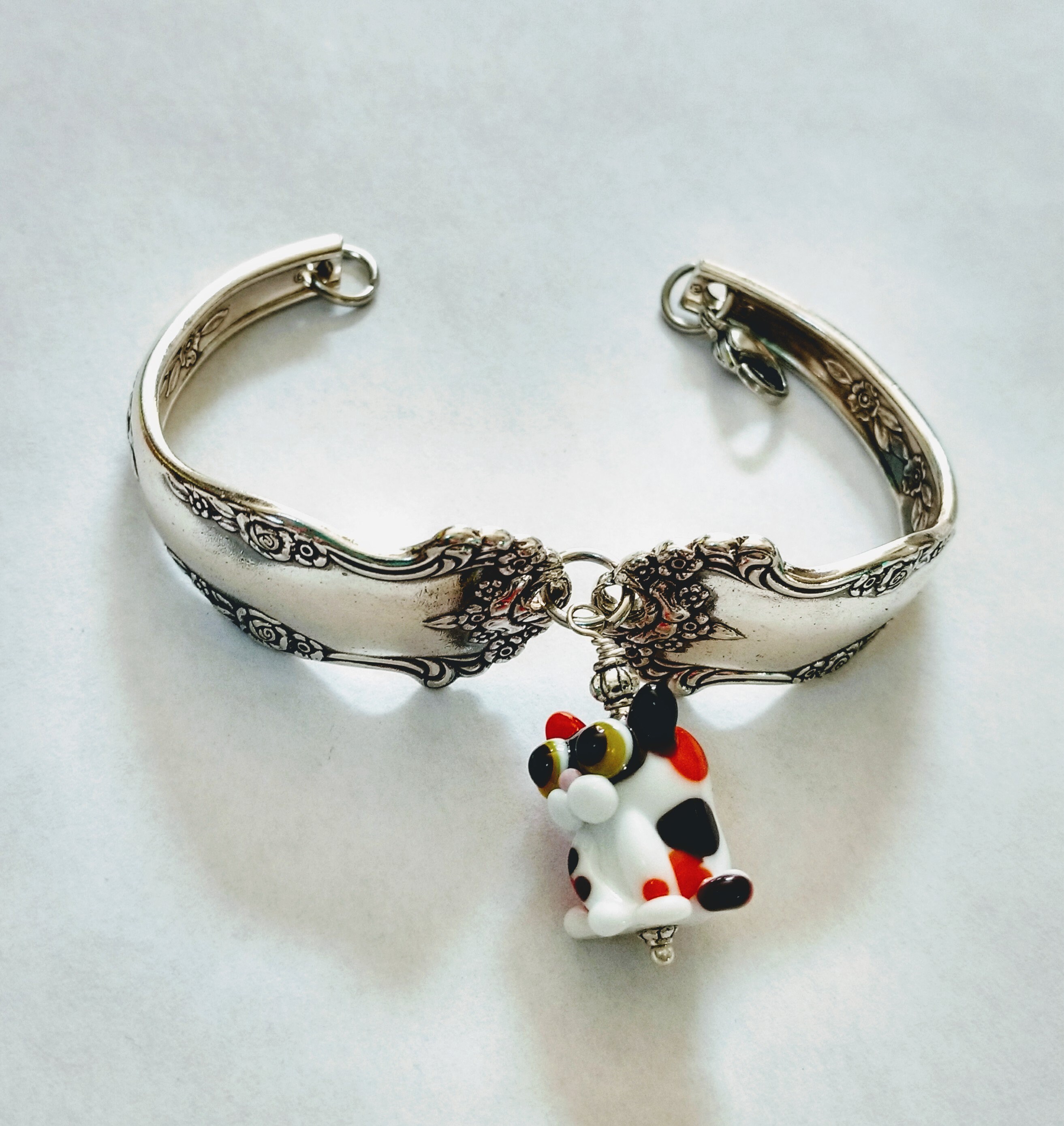 Calico Cat Spoon Handle Bracelet, Kitten Lampwork Bead, Recycled 
