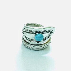 Spoon Ring with Turquoise Cabochon, Vintage Spoon Upcycled, Silver Statement Ring, Vintage Silverplate Spoon Ring, Size 7.75