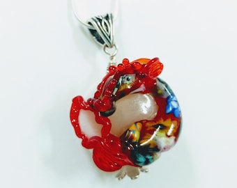 Red Dragon Necklace, Lampwork Glass Red Dragon with Floral Murrini Pendant on SS Snake Chain, Handmade Glass Bead Necklace with Dragon
