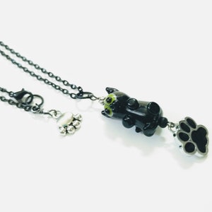Black Cat Necklace, Lampwork Glass Cat Necklace, Handmade Glass Cat Seeking Belly Rub Necklace with Paw Charms, Black Cable Chain Pendant