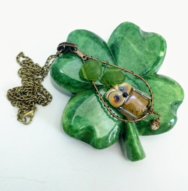 Nature Necklace Glass Owl Necklace Neutral Long Antique Bronze Necklace Wire Wrapped Lampwork Owl Bead Necklace Artisan Bead Necklace