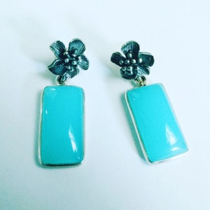 Sterling Silver Flower and Rectangular Aqua Chalcedony Gemstone Earrings, Robin&#39;s Egg Blue Earrings, 925 Post Earrings, Floral Earrings