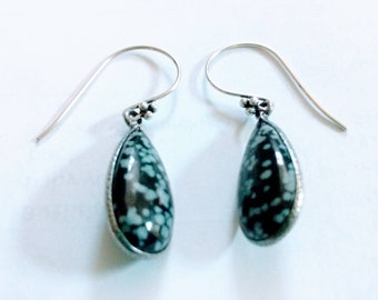 Snowflake Obsidian Drop Earrings, Sterling Silver and Gemstone Earrings, Black Teardrop Stone Earrings in OX .925 Silver, Sterling Silver