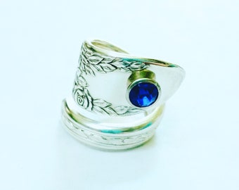 Rose and Leaf Spoon Ring with Sapphire Blue Crystal, Vintage Spoon Ring, Double Wrap Ring, Silverware Jewelry, Blue Stone Ring, Size 8