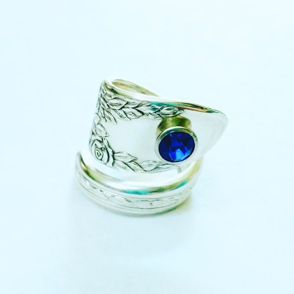 Rose and Leaf Spoon Ring with Sapphire Blue Crystal, Vintage Spoon Ring, Double Wrap Ring, Silverware Jewelry, Blue Stone Ring, Size 8