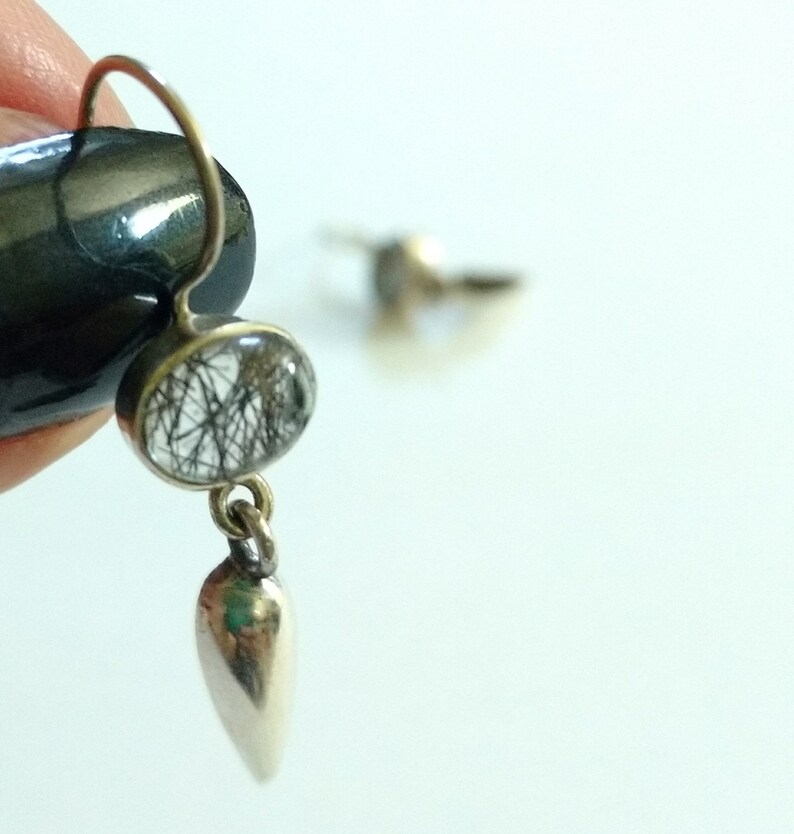 Clear and Black Quartz Earrings Tourmalinated Quartz and Sterling Silver Dagger Drop Earrings Gemstone and 925 Silver Dangle Earrings