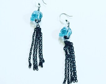 Crystal Skull Tassel Earrings, Denim Blue Swarovski Skull Bead Earrings with Montana Blue Crystal Bead Caps and Black Chain Fringe, Goth