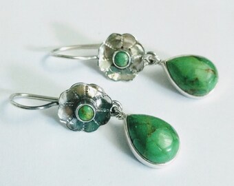 Green Turquoise and Sterling Silver Flower Earrings, Green Floral Earrings, Sterling Silver and Turquoise Gemstone Earrings