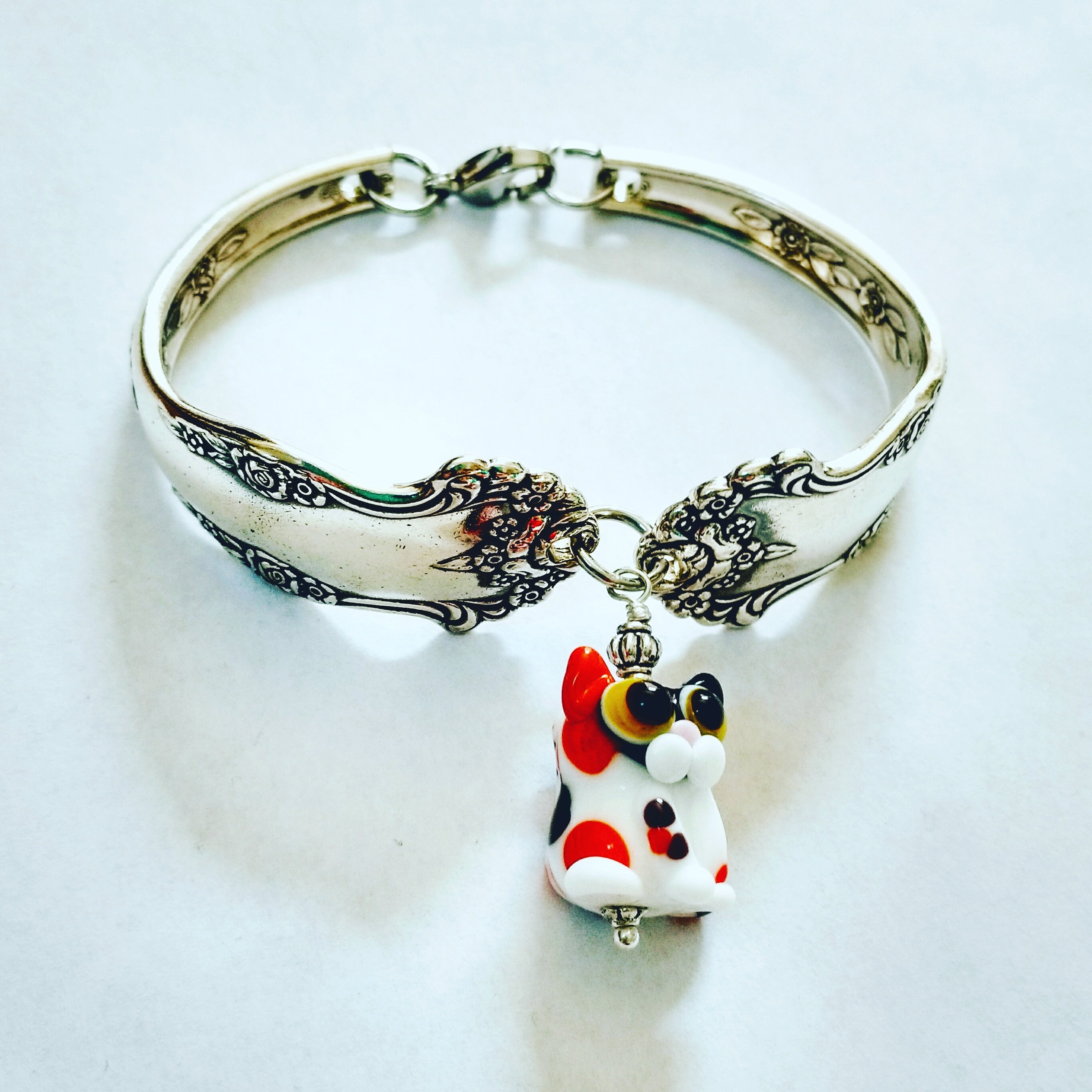 シルバー925  Cat Plate Bracelet Calico Calico Cat Spoon Handle Bracelet, Kitten Lampwork Bead