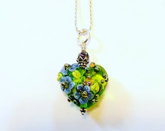 Forget-me-nots Blue Flower and Green Glass Heart Necklace, Floral Heart Pendant, OOAK Artisan Glass Bead and Sterling Silver Necklace