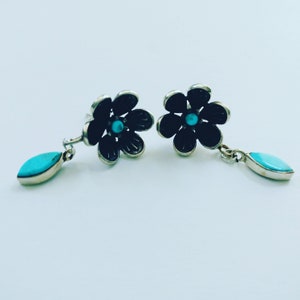 Beautiful Blue Turquoise and Sterling Silver Flower Earrings, 925 Silver Post and Gemstone Earrings, Blue Floral Earrings