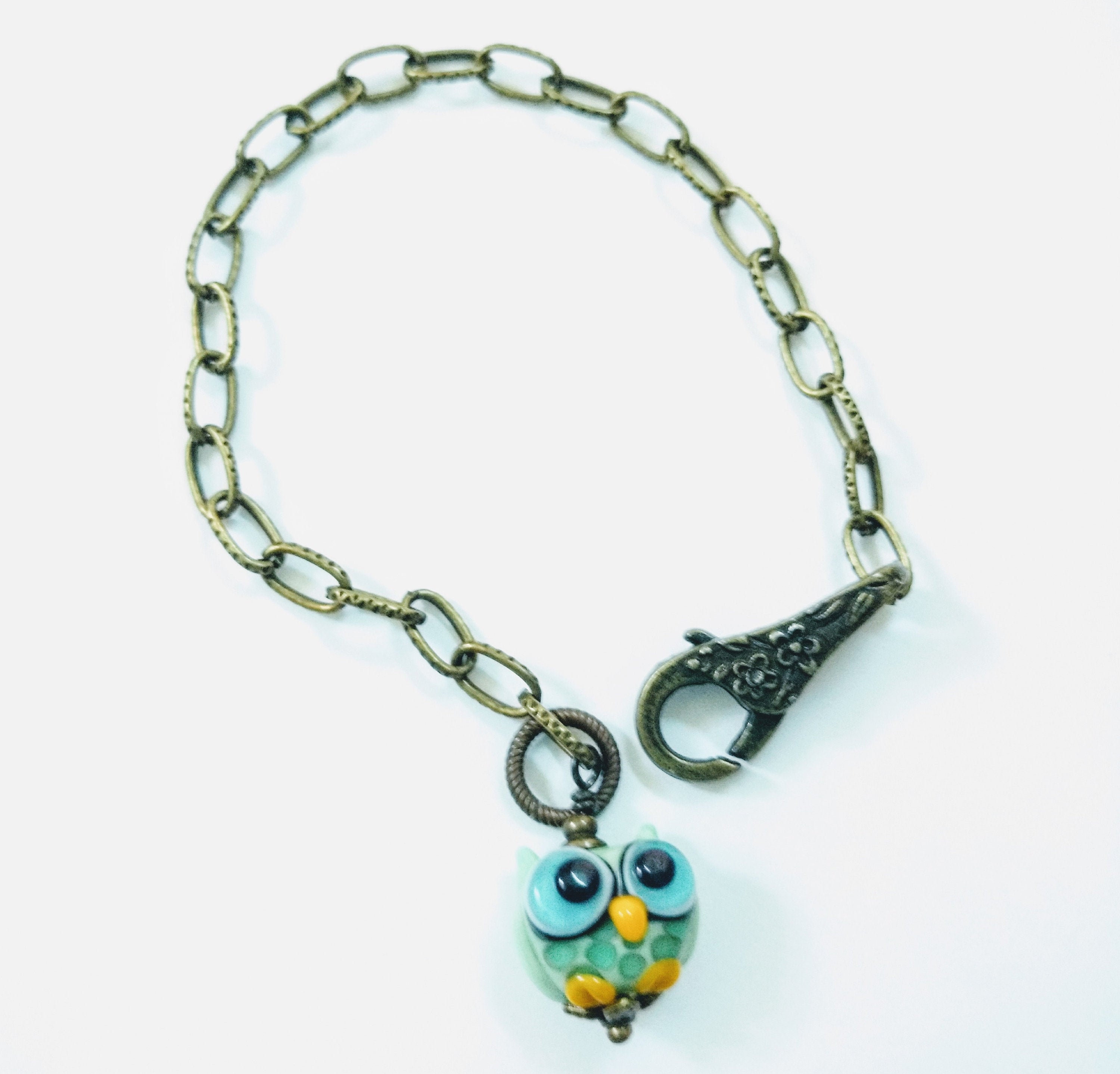 Lampwork Owl Bead Bracelet for Fall,Bronze Charm Bracelet, Glass Bead Jewelry, Halloween Owl Bracele