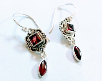 Sterling Silver and Garnet Earrings, January Birthstone Earrings, Three Leaf Clover Garnet Ear Wires, Garnets and Sterling Silver Drops