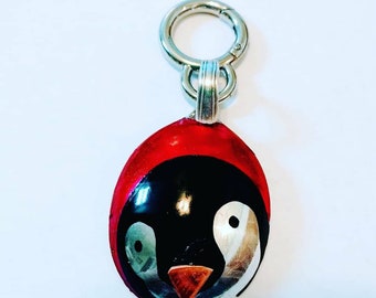 Penguin Gumbo Spoon Recycled Silverware Key Chain Handmade with Red Glitter Varnish, Formed Copper and Recycled Silverware