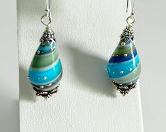 Lampwork Glass Bead Earrings, Blue and Green Handmade Glass Earrings with SS, Striped Earrings, Bead and Sterling Silver Earrings