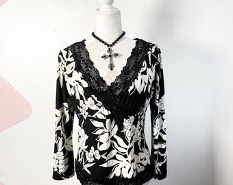Vtg Y2K 2000er Jahre Babydoll-Oberteil Damen große Spitzenbesatz Whimsigoth Fairycore