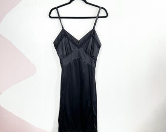 Vintage Velrose Babydoll Slip Dress Black Size 32 Satin Lace Coquette