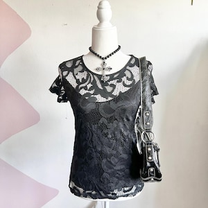 Vintage Black Lace Top, Y2K Goth Whimsigoth Grunge Indie Sleaze Small